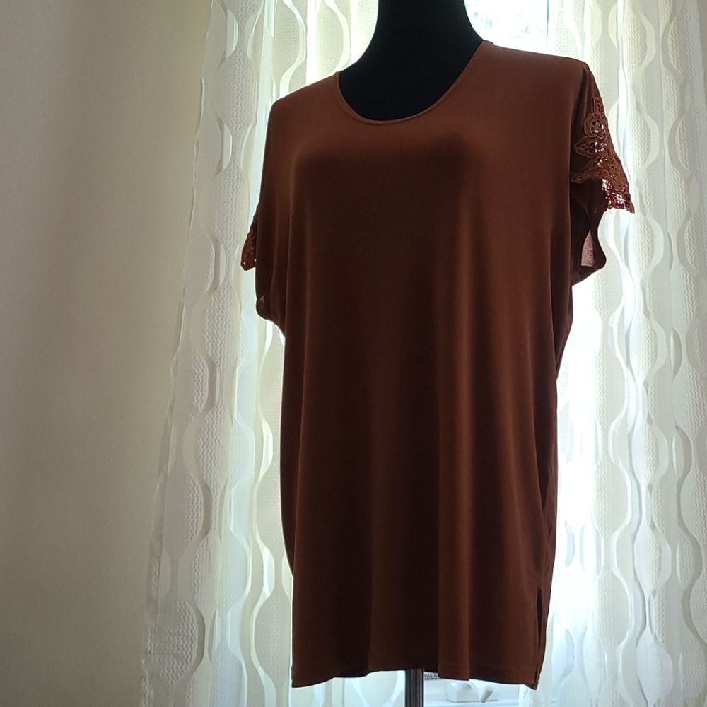 5 for $25 Brown taupe top with embroidered sleeves